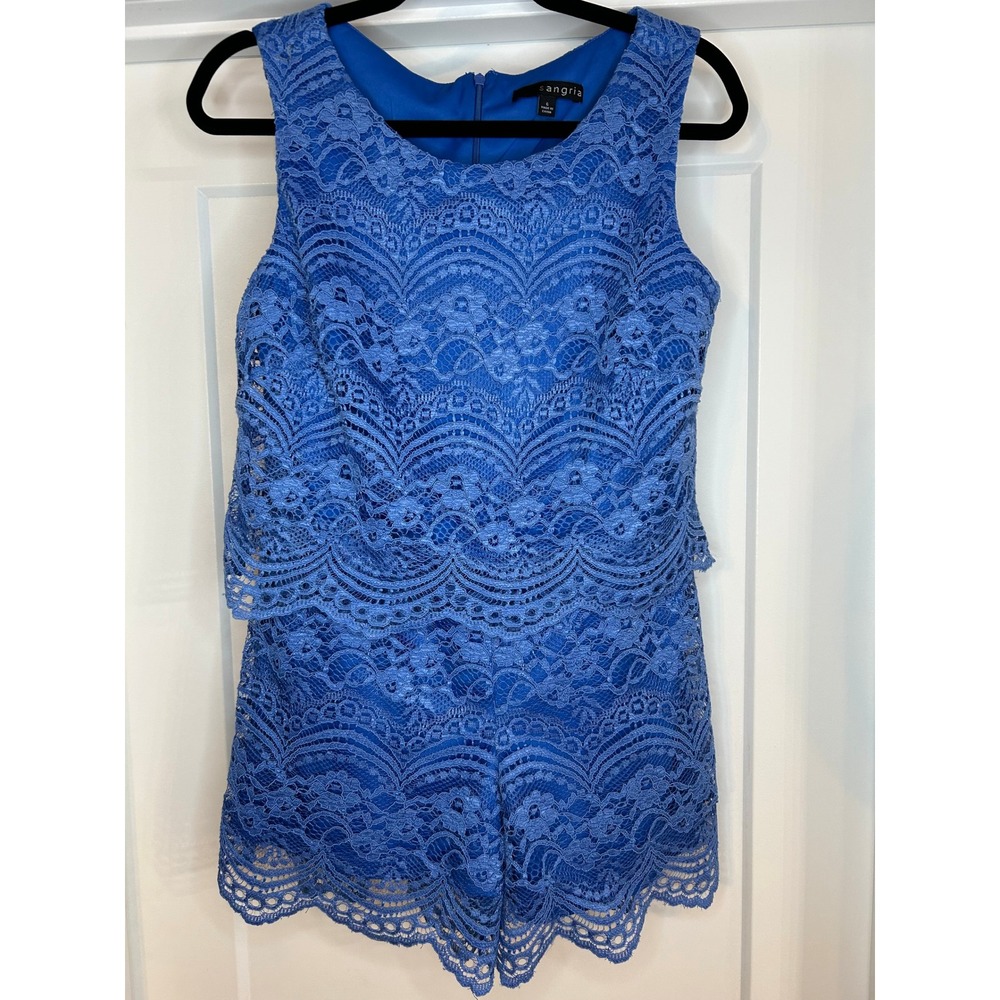 Sangria Blue Floral Lace Tiered Popover Romper Sleeveless Womens 6 Coquette